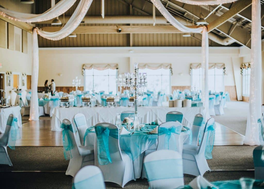 reception setup - white and aqua blue
